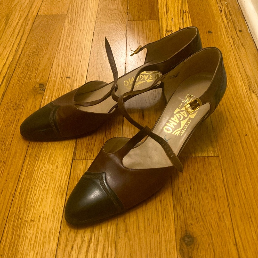 Iconic Vintage Ferragamo T-Strap Brogue-Inspired Heels